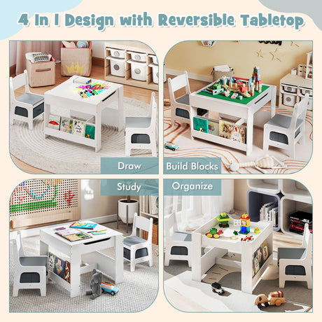 Mesa y Sillas para Niños 4 en 1 con Tablero Reversible para Garabatos y Bloques de Construcción