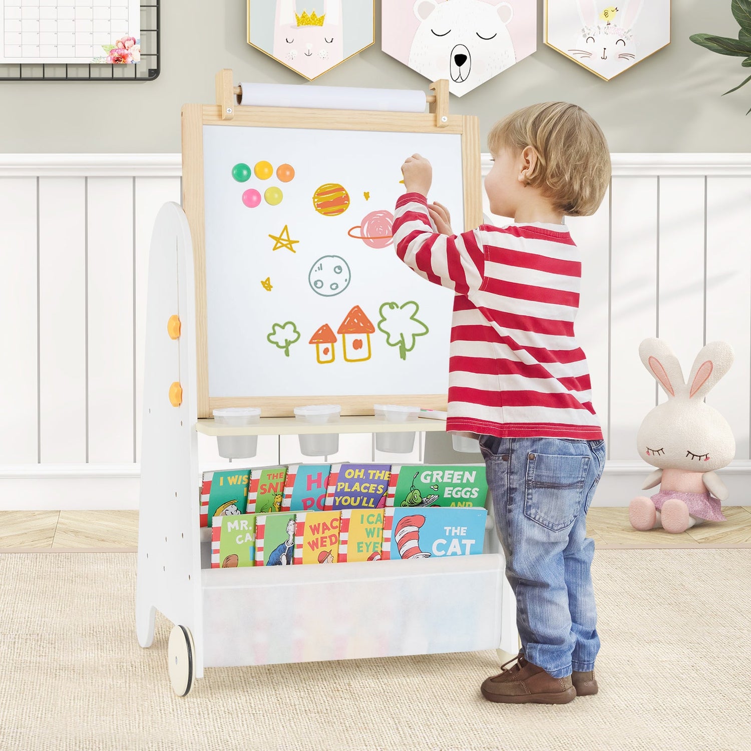 Juego de mesa de actividades 4 en 1 para niños pequeños con pizarra magnética y pizarra de tiza