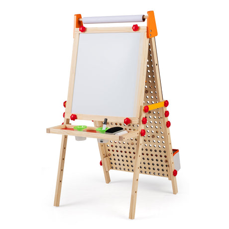 Caballete de arte de madera para niños 4 en 1, de doble cara, plegable con rollo de papel y bandeja de almacenamiento