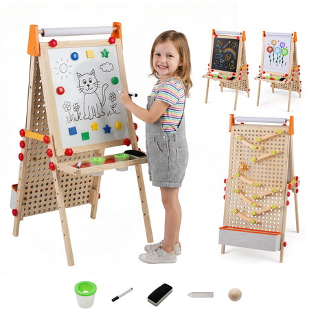 Caballete de arte de madera para niños 4 en 1, de doble cara, plegable con rollo de papel y bandeja de almacenamiento