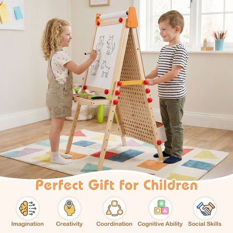 Caballete de arte de madera para niños 4 en 1, de doble cara, plegable con rollo de papel y bandeja de almacenamiento