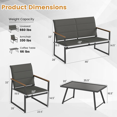 Juego de muebles de patio de 4 piezas para exteriores - Gris