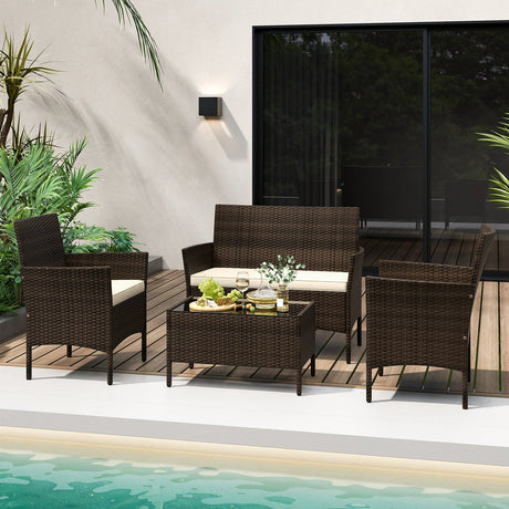 4 Piece Patio Rattan Conversation Set with Cozy Seat Cushions