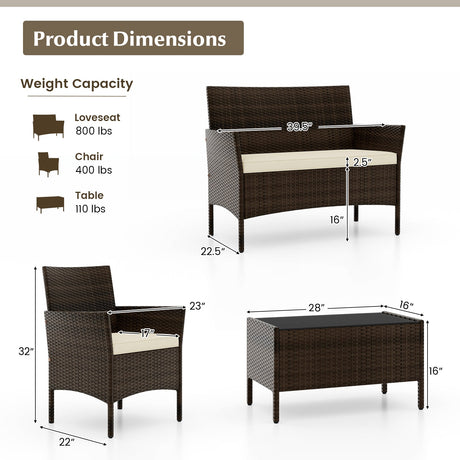4 Piece Patio Rattan Conversation Set with Cozy Seat Cushions