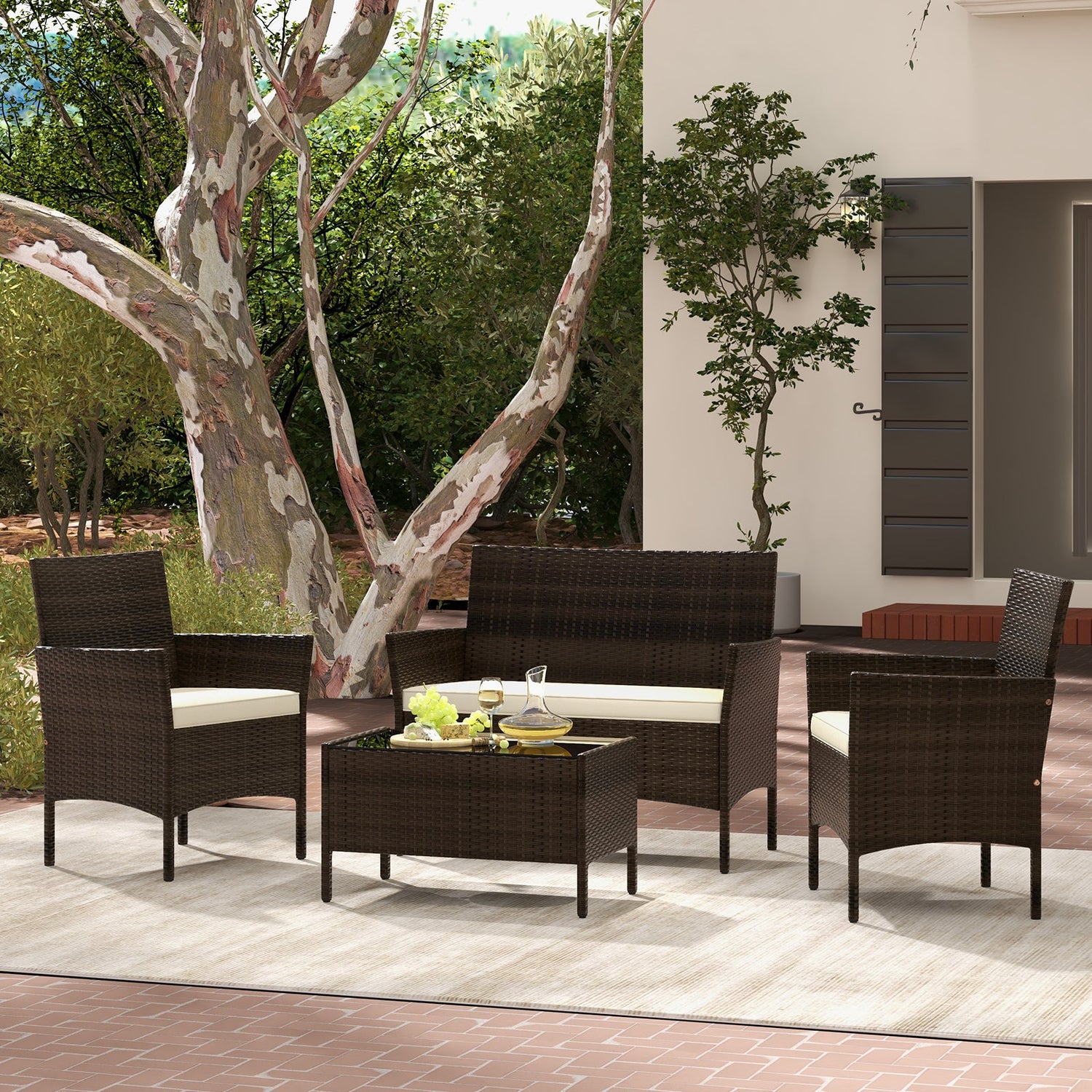 Juego de muebles de ratán de 4 piezas para patio con cómodos cojines