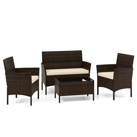 4 Piece Patio Rattan Conversation Set with Cozy Seat Cushions