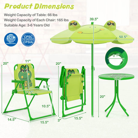 4 Pieces Kids Picnic Set with 2 Folding Chairs and Height Adjustable Umbrella