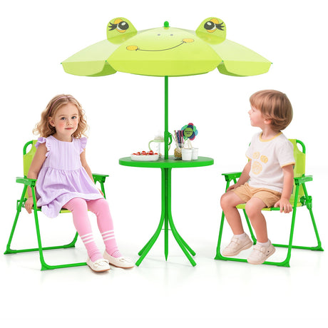 4 Pieces Kids Picnic Set with 2 Folding Chairs and Height Adjustable Umbrella