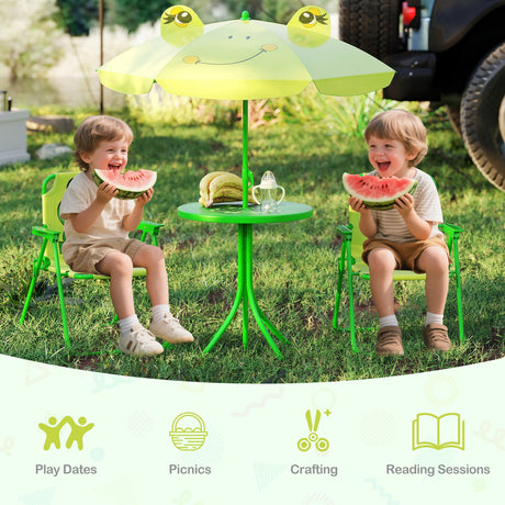 4 Pieces Kids Picnic Set with 2 Folding Chairs and Height Adjustable Umbrella
