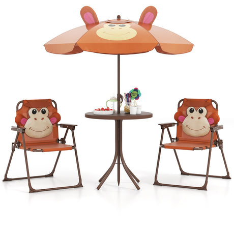 4 Pieces Kids Picnic Set with 2 Folding Chairs and Height Adjustable Umbrella