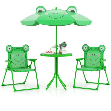 4 Pieces Kids Picnic Set with 2 Folding Chairs and Height Adjustable Umbrella