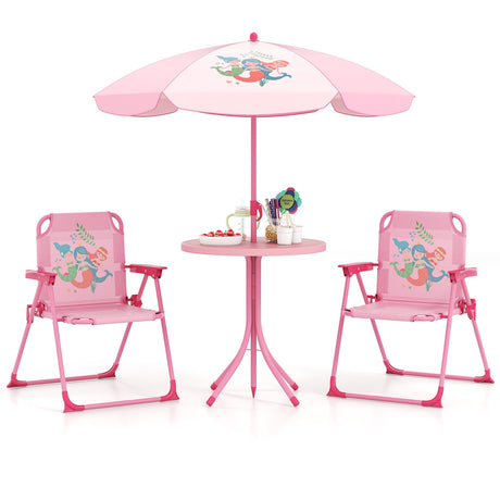 4 Pieces Kids Picnic Set with 2 Folding Chairs and Height Adjustable Umbrella