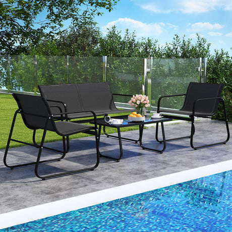 Juego de 4 piezas de muebles de patio con sillas de jardín de tela y sofá de dos plazas con mesa de centro de cristal