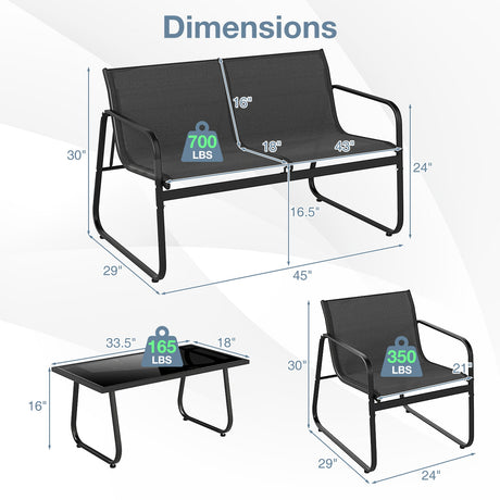 Juego de 4 piezas de muebles de patio con sillas de jardín de tela y sofá de dos plazas con mesa de centro de cristal
