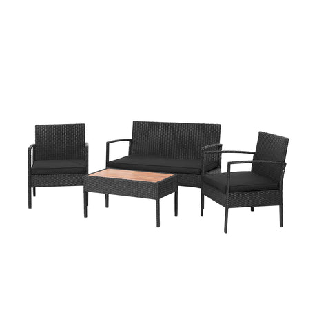 Juego de Muebles de Patio de Ratán Acolchados de 4 Piezas con Mesa de Centro de Madera