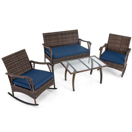 Juego de mecedoras de mimbre de 4 piezas con asiento de cuerda elástica para porche o patio, azul marino