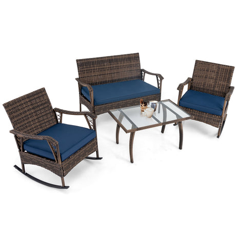 Juego de mecedoras de mimbre de 4 piezas con asiento de cuerda elástica para porche o patio, azul marino
