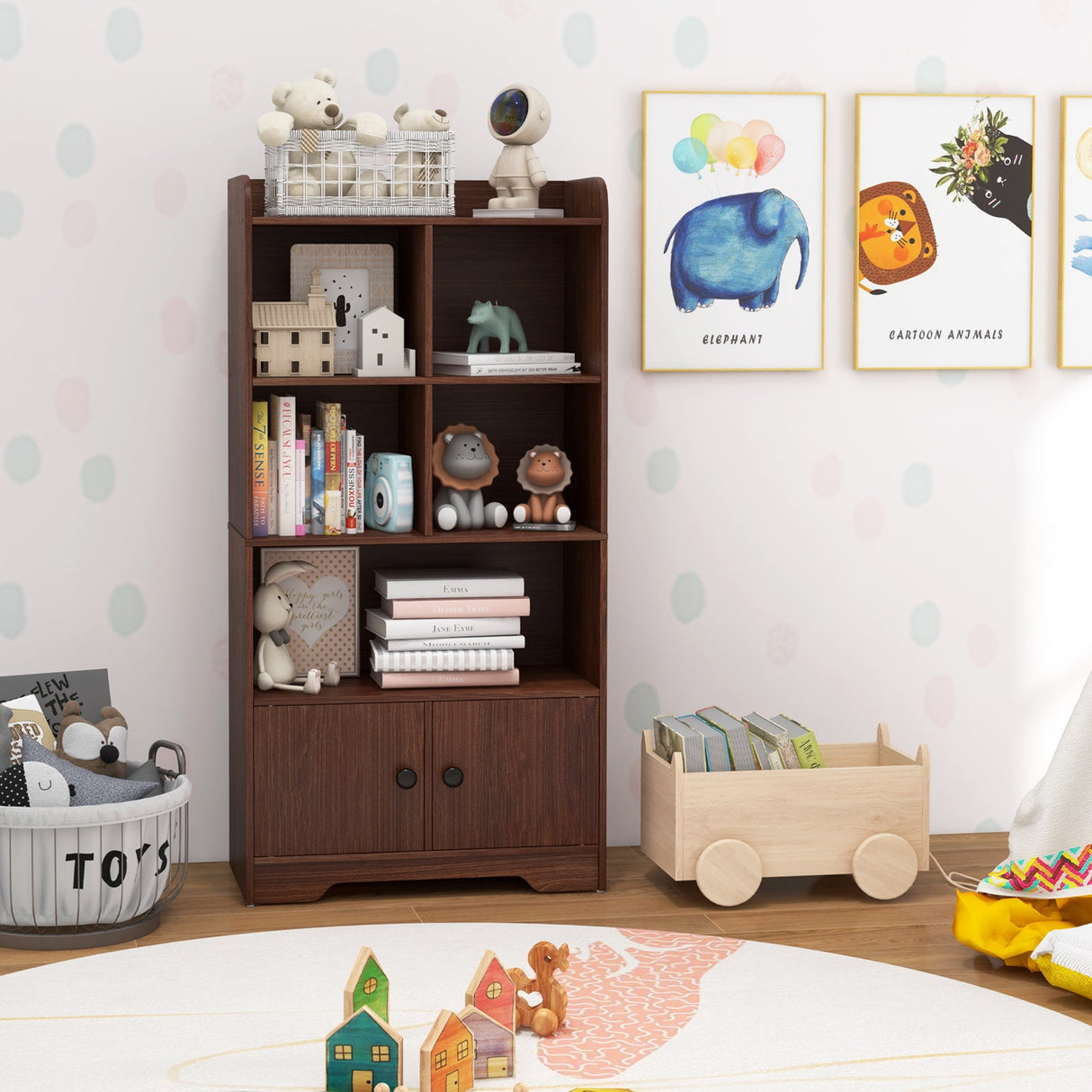 Estantería de 4 niveles con expositor de 4 cubos y 2 puertas
