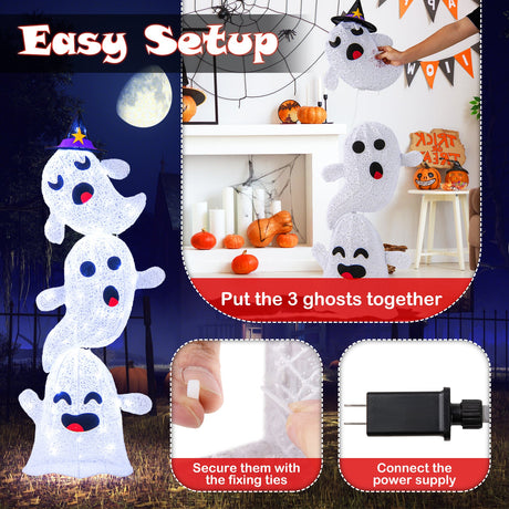 Decoración de Halloween de fantasmas apilados iluminados de 4 pies con 120 luces LED