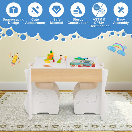 Mesa y Sillas de Actividades de Madera 4 en 1 para Niños con Almacenamiento y Pizarra Desmontable