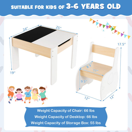 Mesa y Sillas de Actividades de Madera 4 en 1 para Niños con Almacenamiento y Pizarra Desmontable