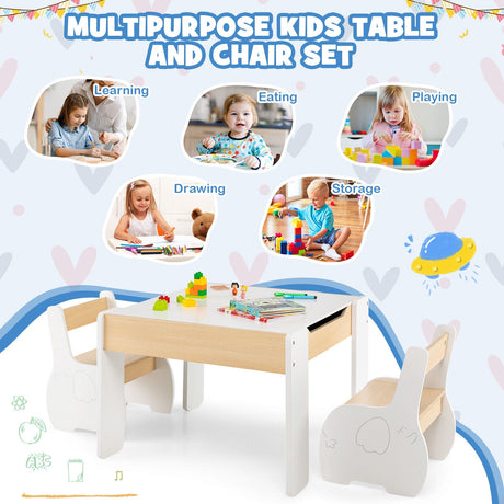 Mesa y Sillas de Actividades de Madera 4 en 1 para Niños con Almacenamiento y Pizarra Desmontable