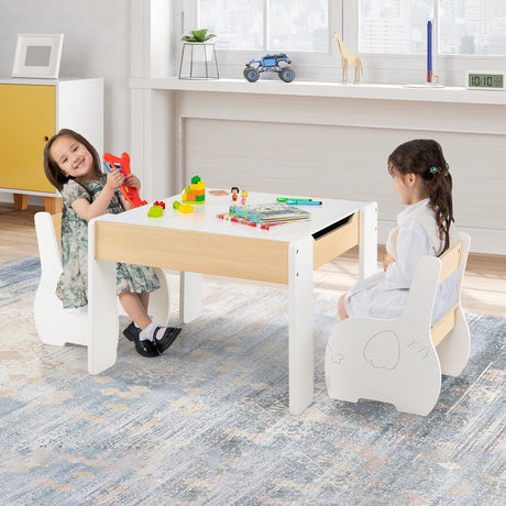 Mesa y Sillas de Actividades de Madera 4 en 1 para Niños con Almacenamiento y Pizarra Desmontable