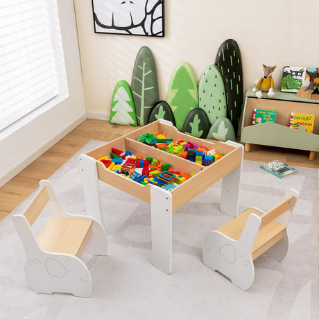 Mesa y Sillas de Actividades de Madera 4 en 1 para Niños con Almacenamiento y Pizarra Desmontable