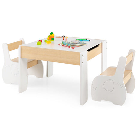 Mesa y Sillas de Actividades de Madera 4 en 1 para Niños con Almacenamiento y Pizarra Desmontable
