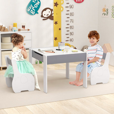 Mesa y Sillas de Actividades de Madera 4 en 1 para Niños con Almacenamiento y Pizarra Desmontable