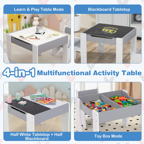 Mesa y Sillas de Actividades de Madera 4 en 1 para Niños con Almacenamiento y Pizarra Desmontable