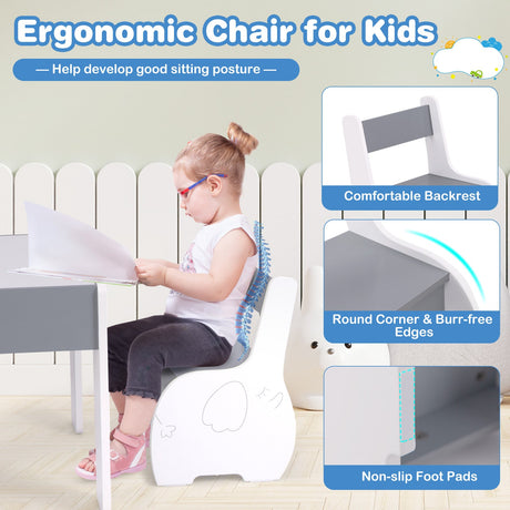 Mesa y Sillas de Actividades de Madera 4 en 1 para Niños con Almacenamiento y Pizarra Desmontable