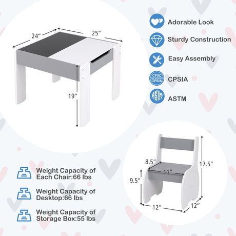 Mesa y Sillas de Actividades de Madera 4 en 1 para Niños con Almacenamiento y Pizarra Desmontable