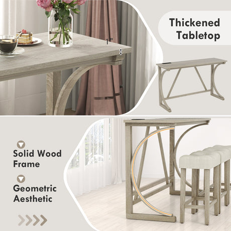 Juego de mesa de bar de 4 piezas con toma de corriente y taburetes tapizados con asiento de silla de montar-Gris y beige