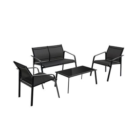 Juego de muebles de patio de 4 piezas con sofás biplaza con reposabrazos y mesa de vidrio para terraza