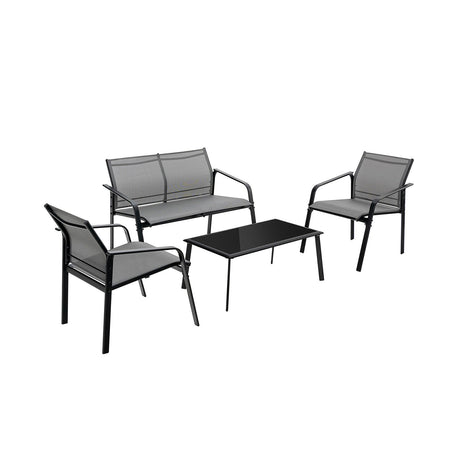 Juego de muebles de patio de 4 piezas con sofás biplaza con reposabrazos y mesa de vidrio para terraza