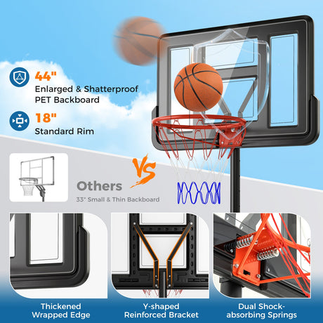 Canasta de Baloncesto Portátil Ajustable de 4.4-10 Pies con 2 Ruedas y Base Rellenable - Negro