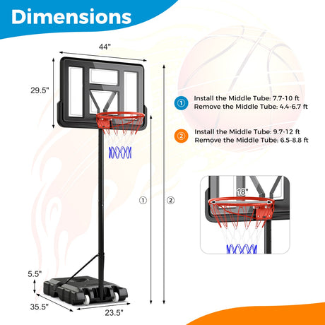 Canasta de Baloncesto Portátil Ajustable de 4.4-10 Pies con 2 Ruedas y Base Rellenable - Negro