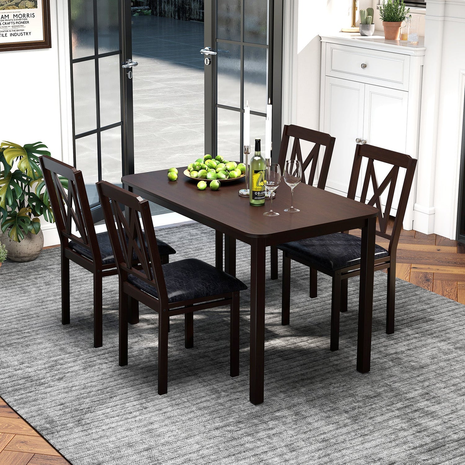 Juego de comedor de 5 piezas con mesa de superficie amplia y patas de madera de caucho - Negro