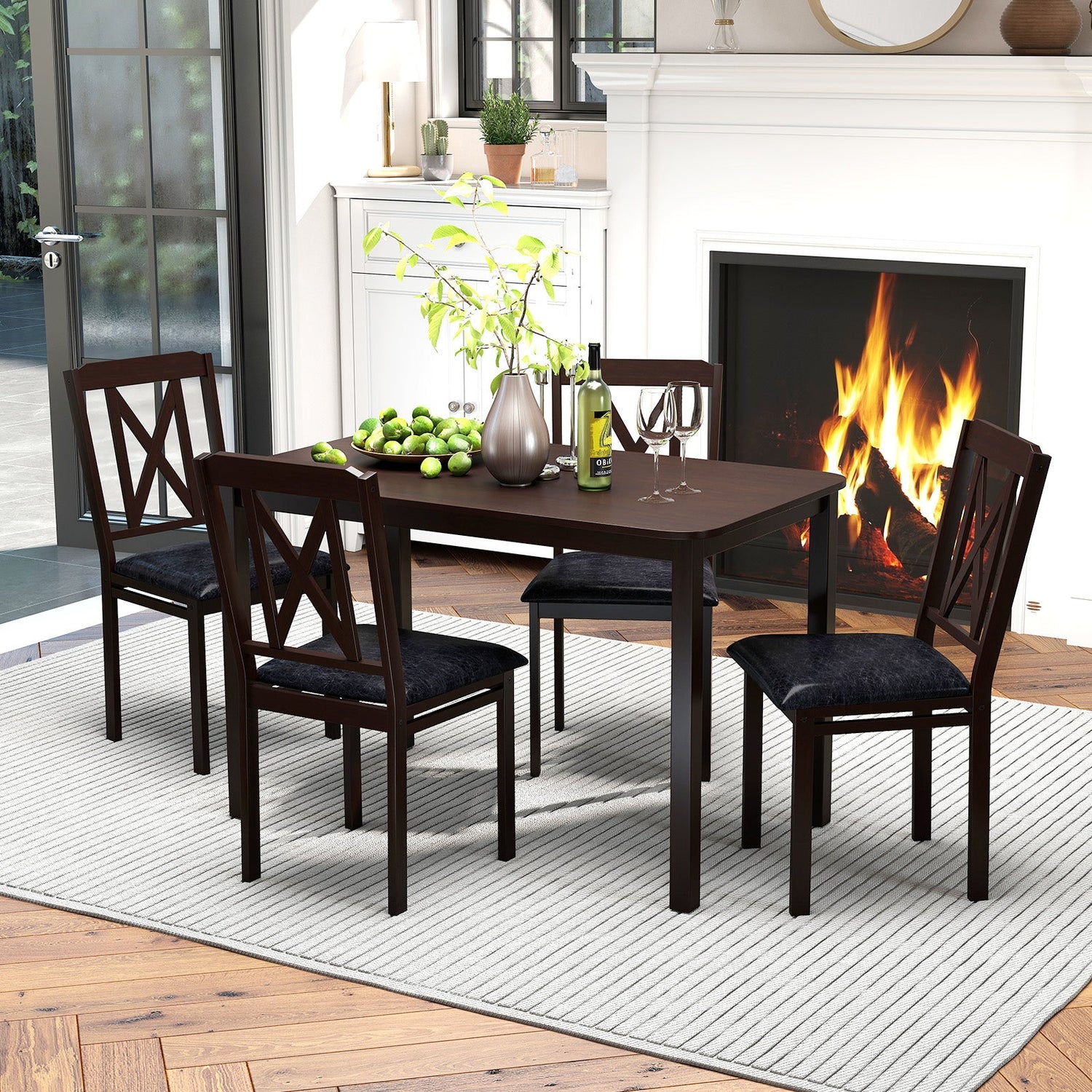 Juego de comedor de 5 piezas con mesa de superficie amplia y patas de madera de caucho - Negro