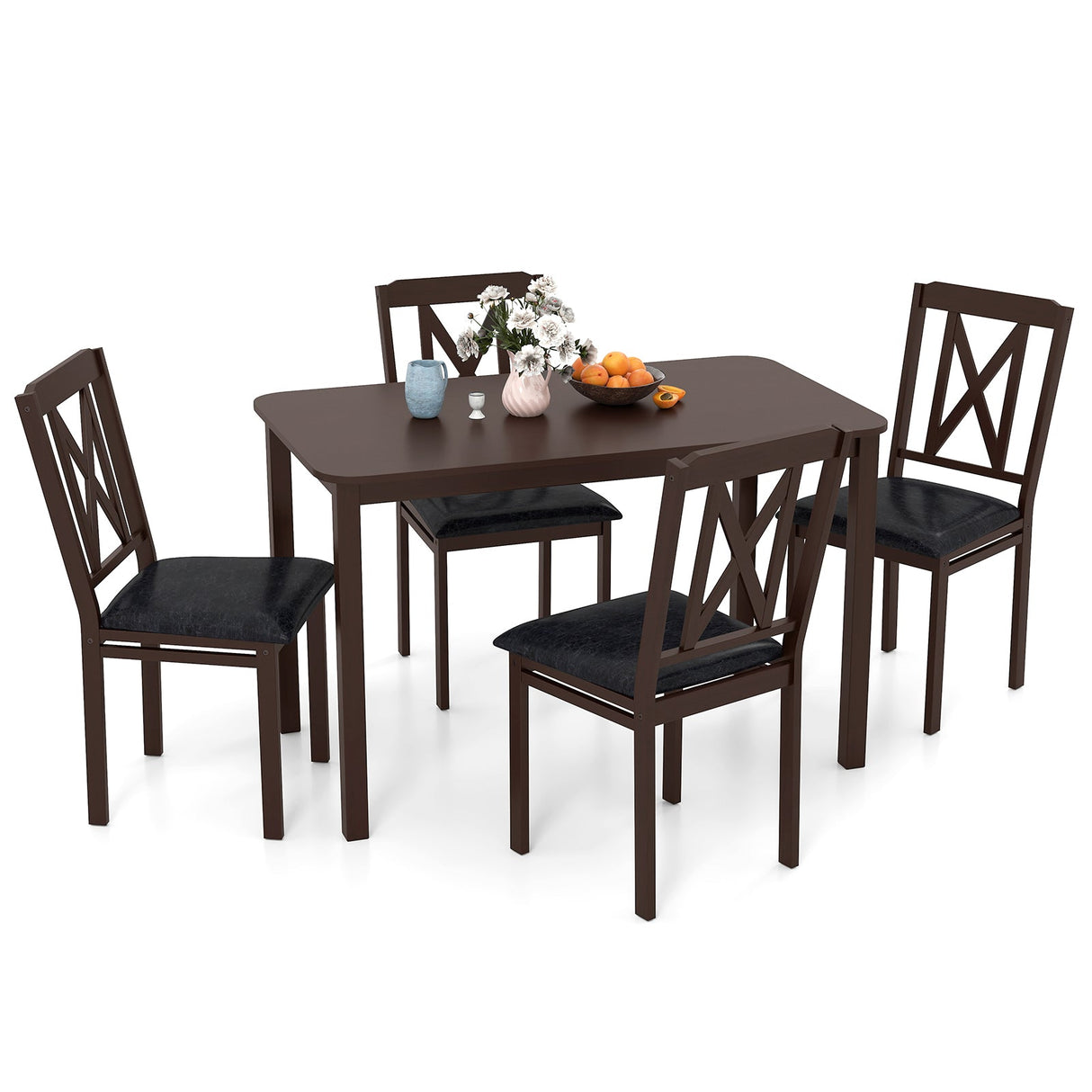 Juego de comedor de 5 piezas con mesa de superficie amplia y patas de madera de caucho - Negro
