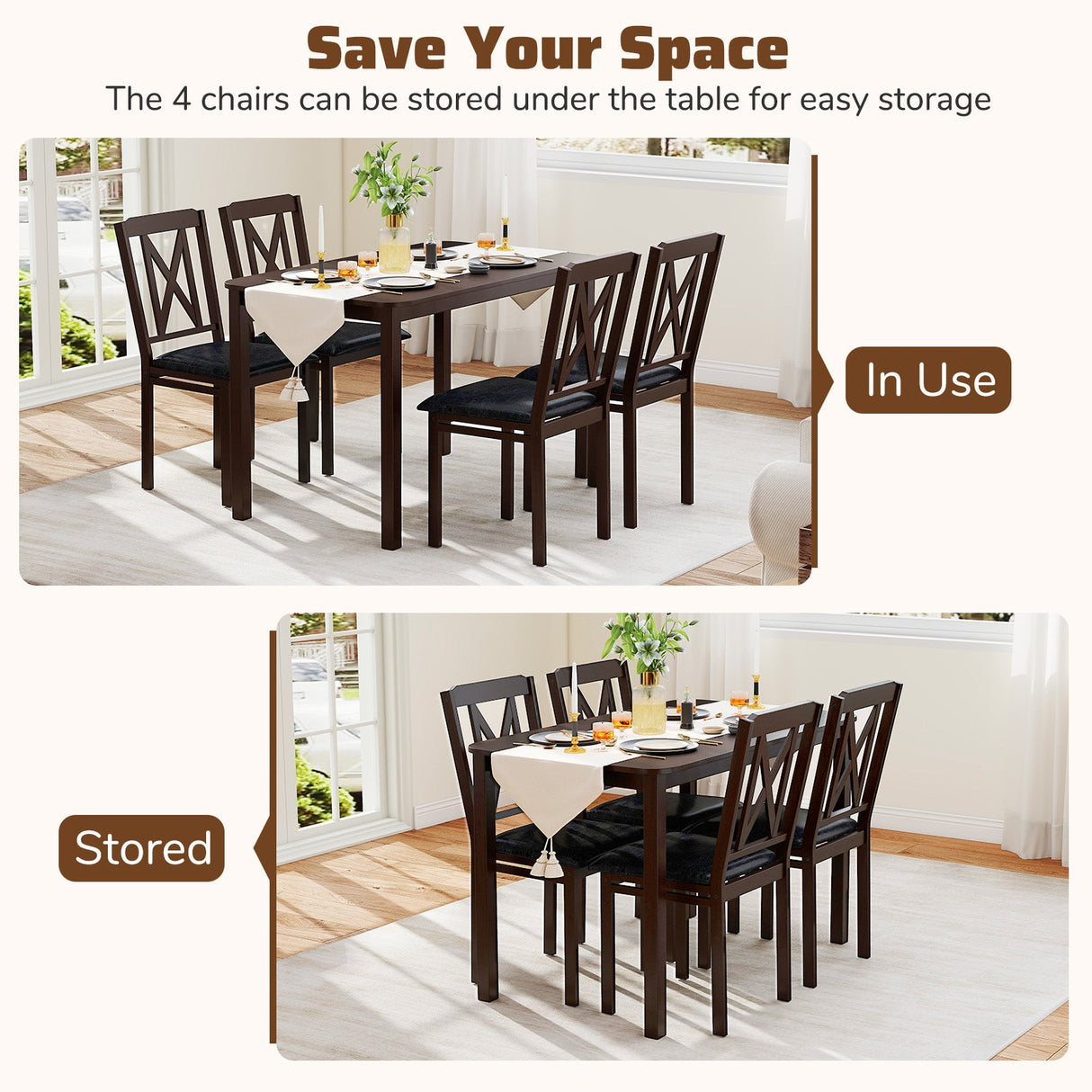 Juego de comedor de 5 piezas con mesa de superficie amplia y patas de madera de caucho - Negro