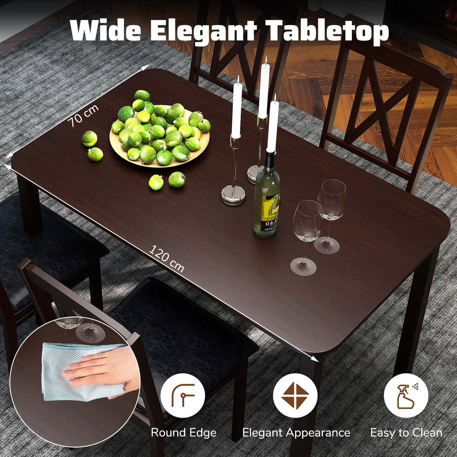 Juego de comedor de 5 piezas con mesa de superficie amplia y patas de madera de caucho - Negro