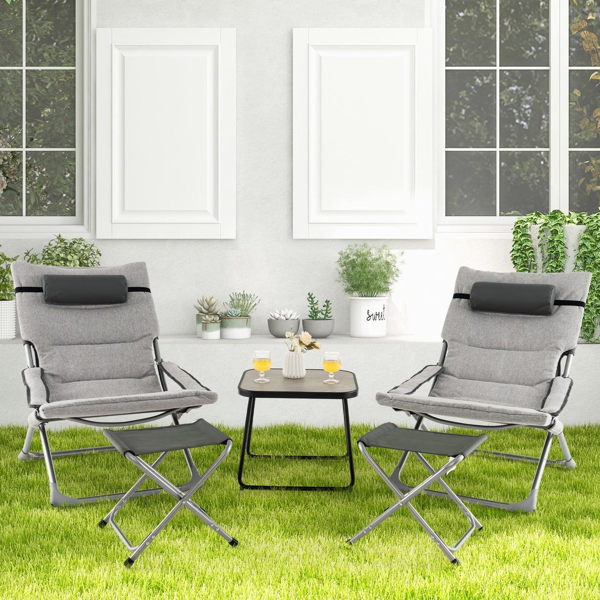 Juego de 5 sillas de jardín plegables con reposapiés y mesa de centro - Gris