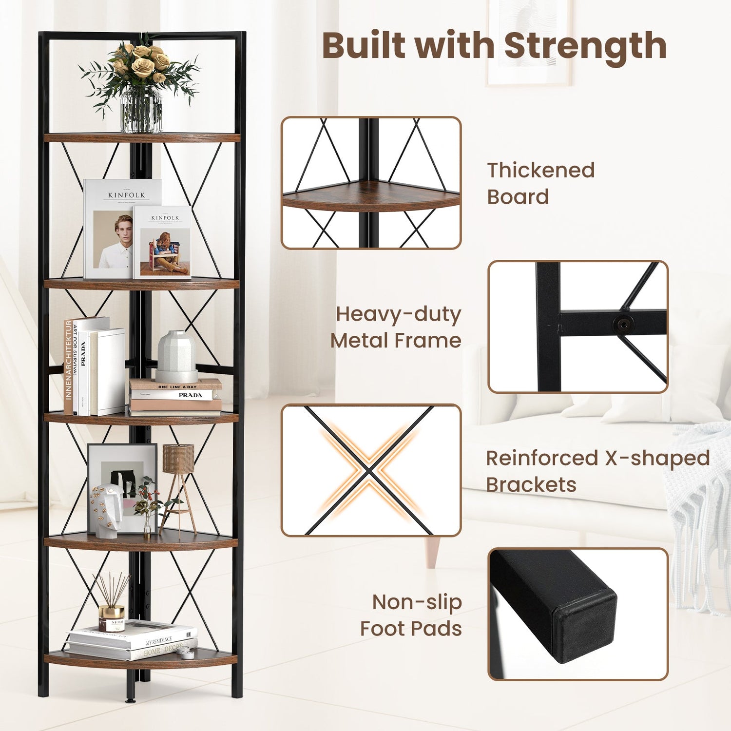 5-Tier Freestanding Corner Shelf 63 Inch Tall Storage Rack