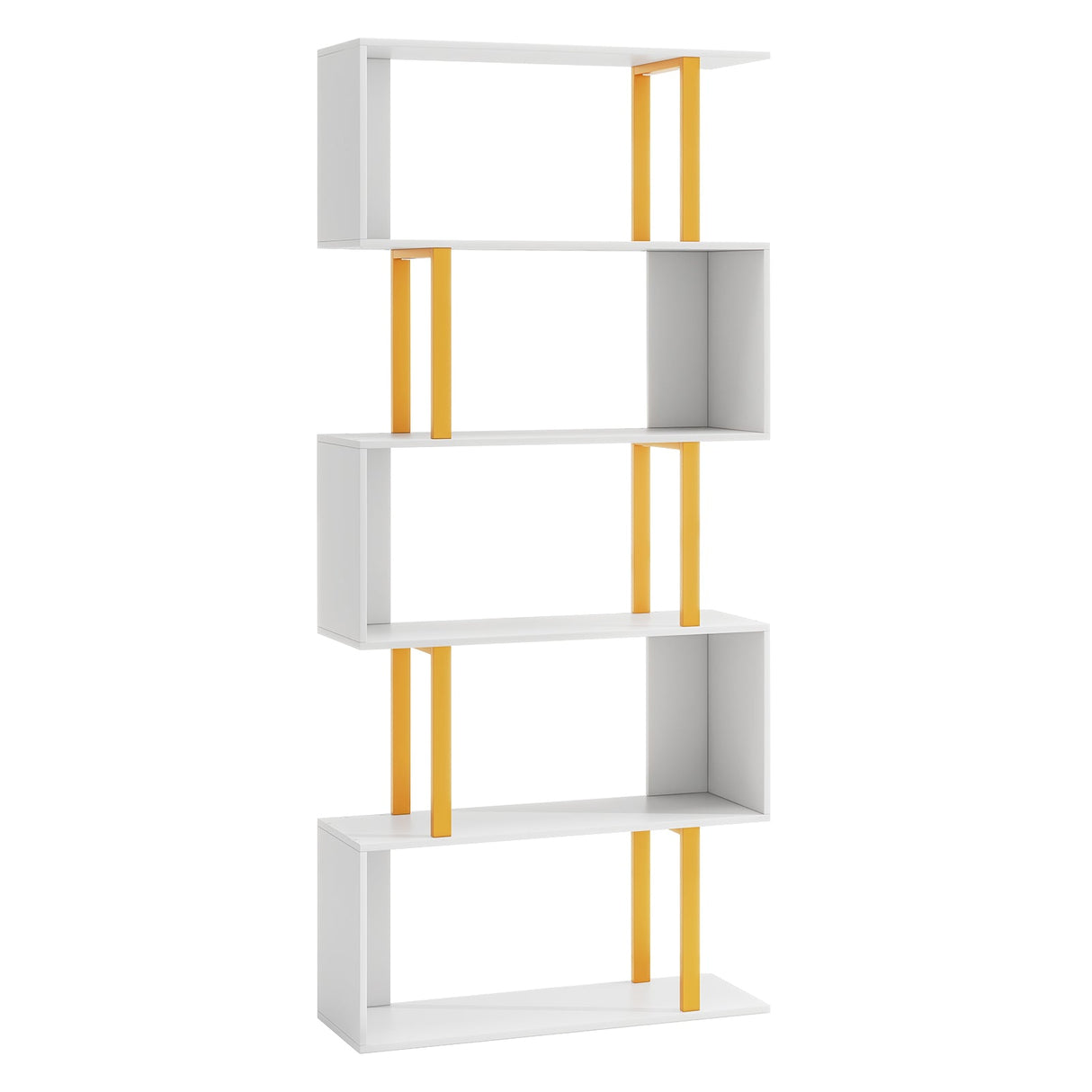 Estantería geométrica de 5 o 6 niveles con estructura de metal y kits antivuelco