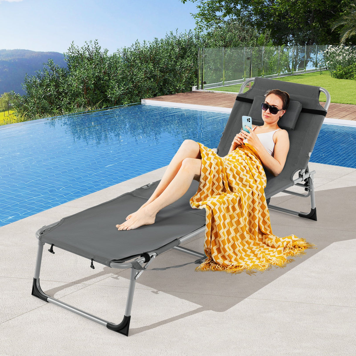 Tumbona reclinable plegable de exterior de 5 posiciones - Gris