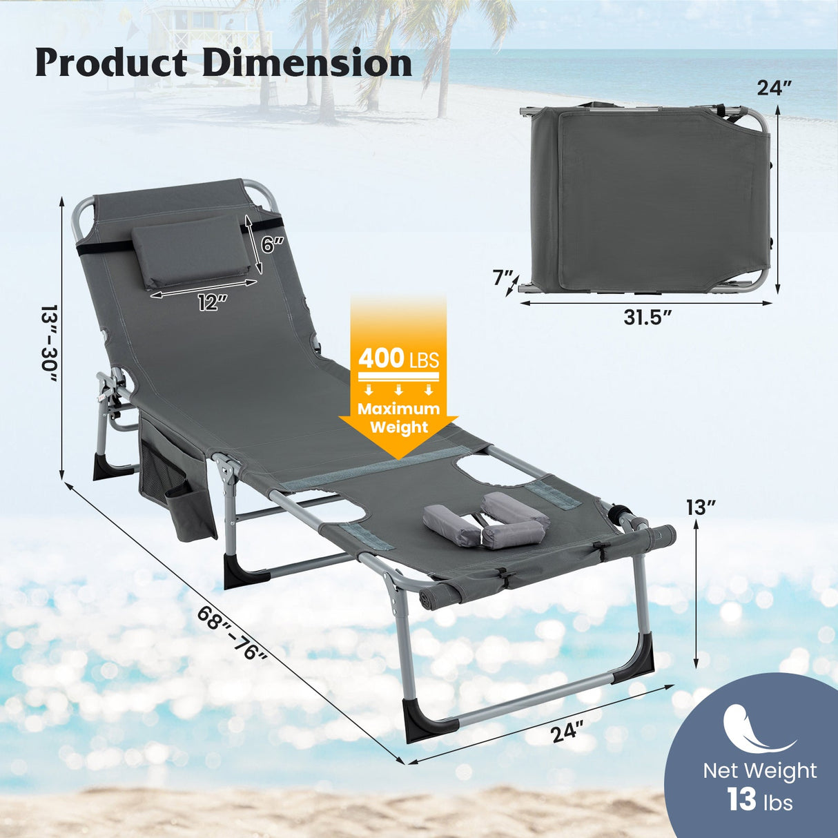 Tumbona reclinable plegable de exterior de 5 posiciones - Gris