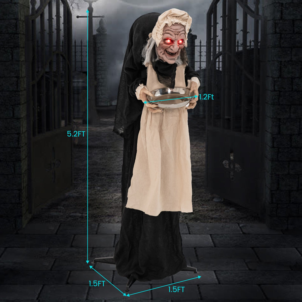 Anciana animada de 5.2 pies con plato de dulces para Halloween