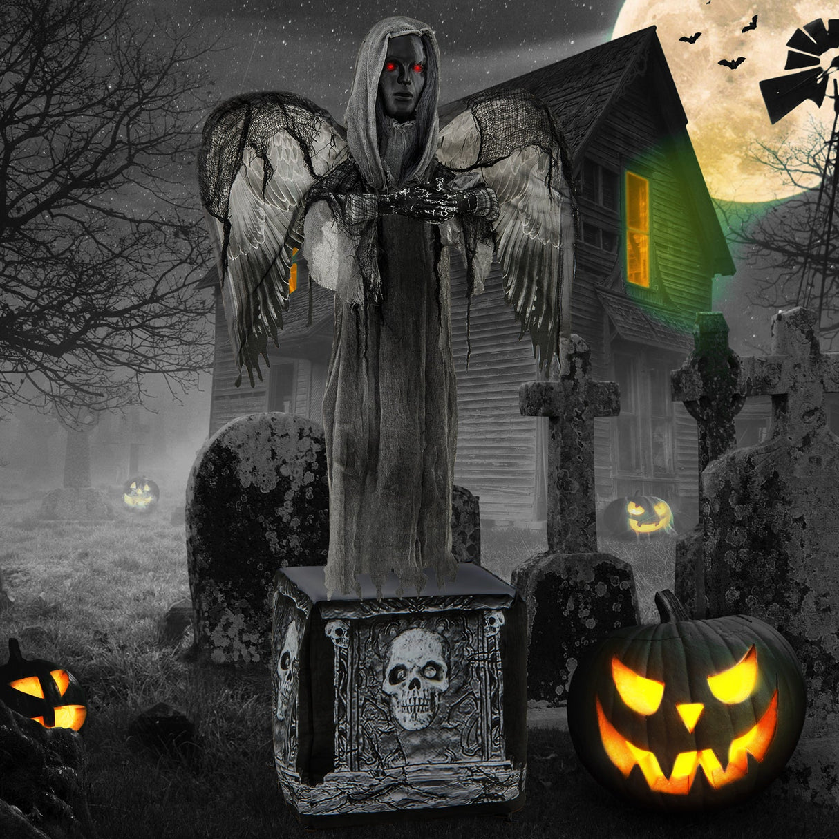 Decoración animatrónica de Halloween de 1,68 m con ojos que se iluminan y alas que se agitan